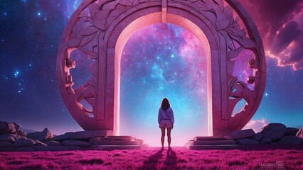 Obraz premium Fantasy scene with a woman standing in the dreamy landscape with a shining cosmic portal, mountains and starry sky, horizontal illustration