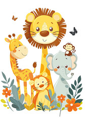 Naklejka premium Cute Cartoon Safari Animals with Flowers