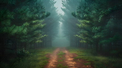 Obraz premium A misty morning in a nature forest, the fog creating a mysterious atmosphere among the tall pine trees