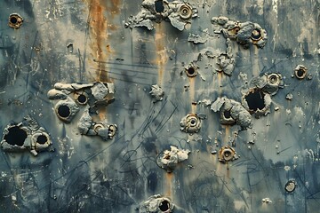 Distressed metal surface with bullet holes.