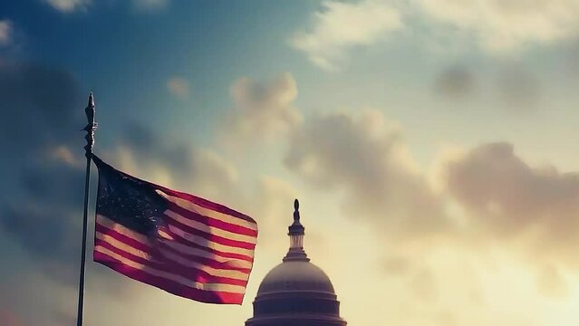 A flag  waves in front of  the U.S. Capitol building .