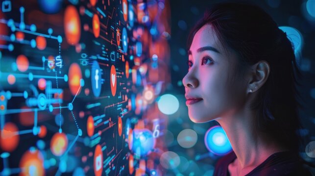 Against a backdrop of social media icons, the marketer's expression captures the essence of digital connectivity and engagement.