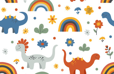 Seamless abstract pattern with hand drawn dinosaurs dino flowers