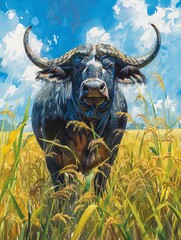 A majestic water buffalo standing in a lush, green paddy field, with golden rice plants swaying gently in the breeze under a bright blue sky Watercolor