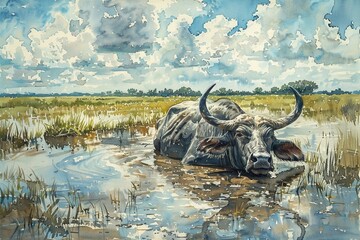 A peaceful water buffalo submerged in a muddy pond within a vast rice field, with reflections of the sky and trees in the water Watercolor, Earth tones and soft blues, Detailed brushwork