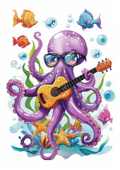 Cartoon Octopus Playing Guitar Underwater