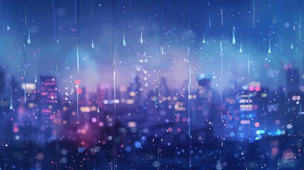 A digital illustration featuring raindrops falling onto a pixelated cityscape with each drop creating a tiny ripple effect on the reflection in the windows. High resolution photography. 