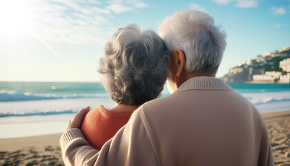 Close-up and back view of an elderly couple embracing on the beach looking at the sea. Tourism, elderly family travel, leisure destination and activity after retirement, concept. Generative Ai.