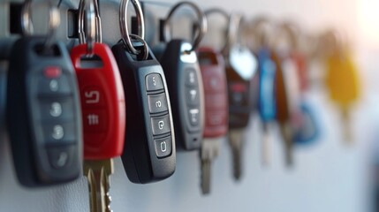Car keys hanging on a rack. Various keys for different vehicles. Concept of transportation, security, auto management, keychain, organized storage