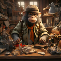 Funny monkey in a craft workshop. 3d render illustration.