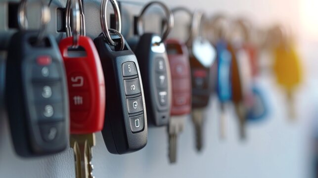 Car keys hanging on a rack. Various keys for different vehicles. Concept of transportation, security, auto management, keychain, organized storage