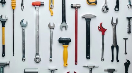 Various tools and wrenches arranged on a white background. Concept of tools, hardware, repair, construction