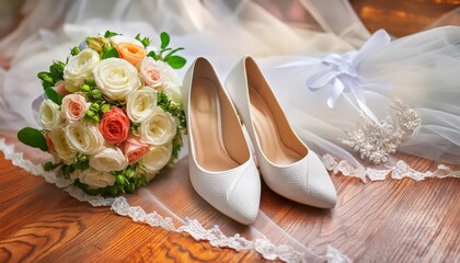 Elegant white wedding shoes on a wooden floor with a lace veil and rose bouquet in the background, evoking a romantic and elegant pre-wedding vibe.