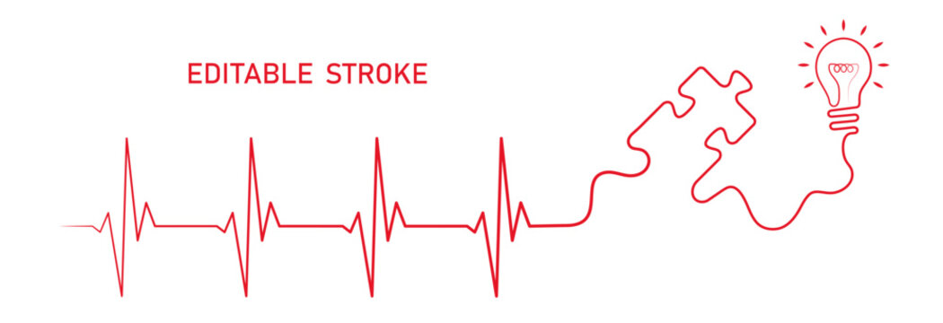 Editable lines heart rhythm illustration with puzzle piece, lightbulb vector design to use for healthcare, business idea, healthy lifestyle, brainstorm concept illustration projects. 