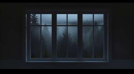 Window overlooking pine trees in winter time