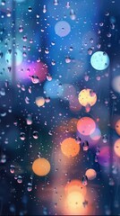 A digital illustration featuring raindrops falling onto a pixelated cityscape with each drop creating a tiny ripple effect on the reflection in the windows. High resolution photography. 