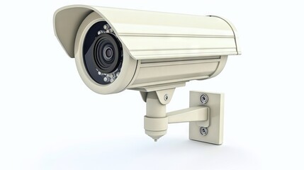White CCTV surveillance camera mounted on the wall. Security equipment. Concept of monitoring, safety, surveillance, protection. Isolated on white background