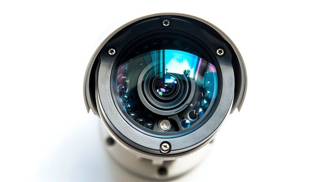 Close-up of a security camera lens with reflection. Surveillance technology concept. Themes of security, monitoring, safety, and observation. Isolated on white background