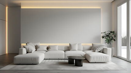 living room and white sofa is the centerpiece with a white wall