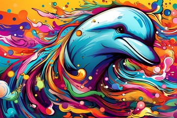 doodle background design, colorful dolphin graffiti art