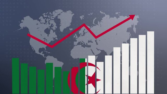 Algeria bar chart graph with ups and downs, increasing values, concept of economic recovery and business improving, businesses reopen, politics conflicts, war concept with flag - Powered by Adobe