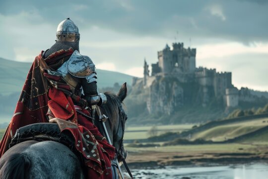Medieval knight with armor on a horse, castle and a rural landscape in the background, medieval period.