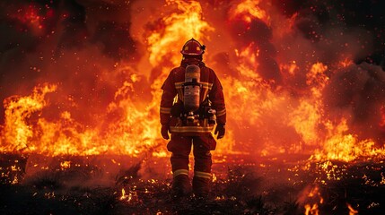 Brave firefighter standing amidst raging inferno, heroically battling flames in this intense and dramatic scene of fire and danger.