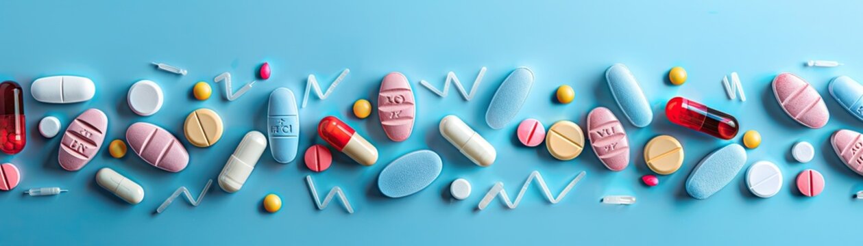Assorted colorful medication pills and capsules on a blue background, representing healthcare, pharmacy, and medical treatment options.