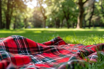 Red picnic blanket on green grass, trees in the background, bokeh background, concept of leisure, summer.