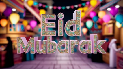 A picture of a colorful eid mubarak, islamic new year sign in front of balloons, AI