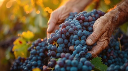 Fototapeta premium Hands holding ripe grape bunch during harvest season at vineyard with sunlight enhancing the vibrant fruit colors.