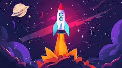 Naklejka premium Rocket Flying Through Night Sky