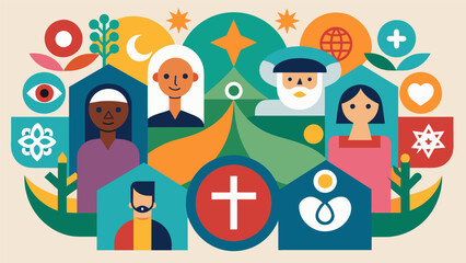 Various religious symbols are incorporated into the design highlighting the diversity and inclusivity of the community.. Vector illustration