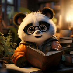 Cute panda bear reading a book. 3D rendering.