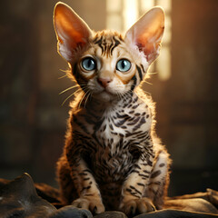 Obraz premium Cute bengal kitten with blue eyes on dark background.