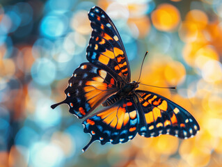 a close up of a butterfly flying in the air with a blurry background of blue, yellow, and orange 