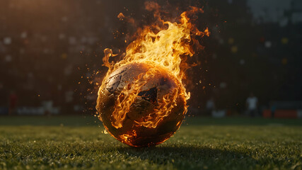 A soccer ball is on fire, burning on a grass field.