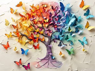 A tree with colorful butterflies