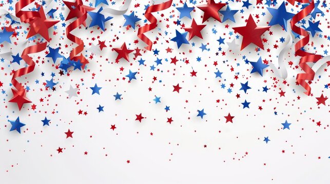 Confetti of red, white and blue stars with ribbons on white background, concept of 4th of July, holiday in USA, Independence Day