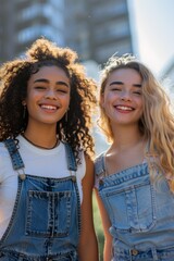 Fototapeta premium Two young women of different races smiling together in an urban environment, Friendship Day concept.