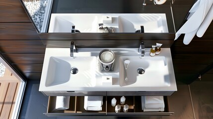 Top view of hotel bathroom interior with double sink and accessories on drawer