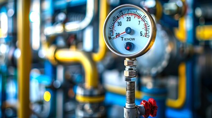 Industrial pressure gauge in a blurred factory background. Concept of machinery, industrial equipment, measurement, pressure monitoring