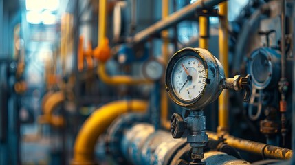 Industrial pressure gauge in a blurred factory background. Concept of machinery, industrial equipment, measurement, pressure monitoring