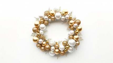 Obraz premium Elegant Christmas wreath with silver and gold ornaments. Winter holiday decoration. Concept of celebration, festive design, joyful ambiance, seasonal decor. Isolated on white background