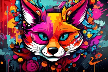 doodle background design, colorful graffiti art fox