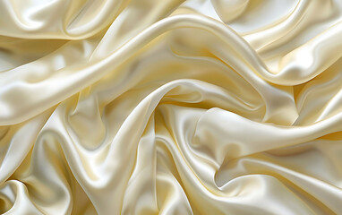 Fototapeta premium Ivory silk fabric draped in gentle folds and curves, showcasing its luxurious, smooth, and glossy texture