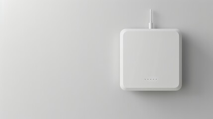 Minimalistic white Wireless router against a plain white wall. Concept of modern technology, wireless internet, connectivity, sleek design. Copy space