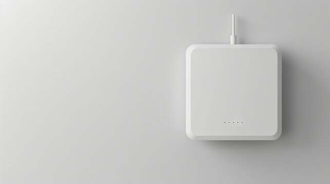 Minimalistic white Wireless router against a plain white wall. Concept of modern technology, wireless internet, connectivity, sleek design. Copy space