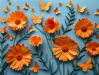 Enrichment with calendula marigold blooms and origami paper butterflies on blue backgroun