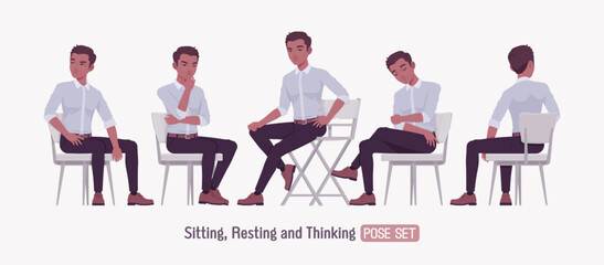 Successful handsome young man set chair sit pose. Positive confident dark skin professional business man startup leader, entrepreneur, corporate project owner, formal wear, shirt. Vector illustration
